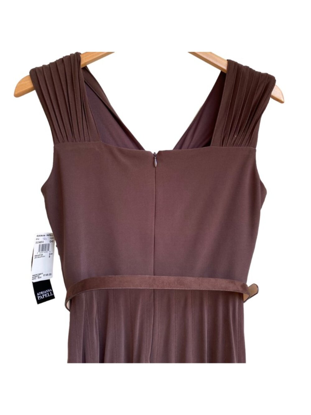 ADRIANNA PAPELL Pintuck Jersey Cap Sleeve Fit N Flare Dress 8 Brown Belt NWT - Picture 9 of 15